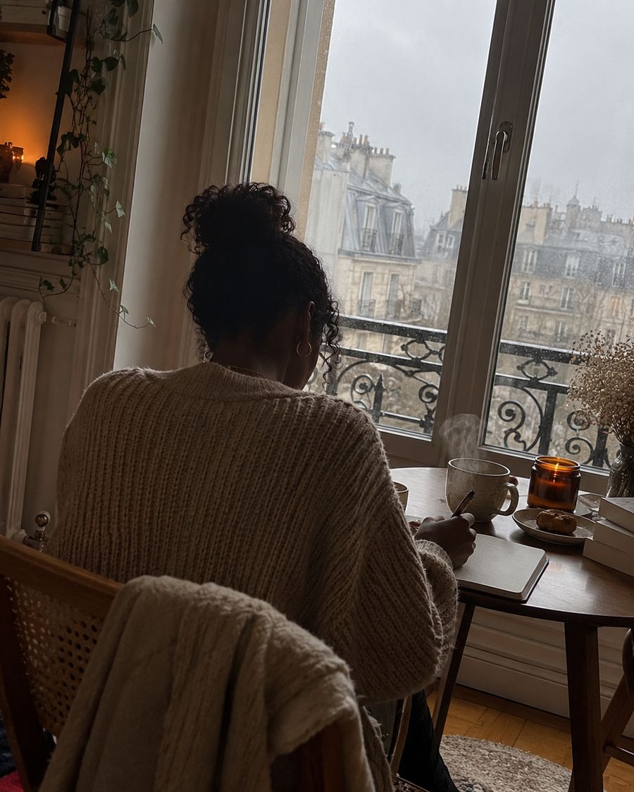 Femme de dos écrivant dans un carnet près d'une fenêtre